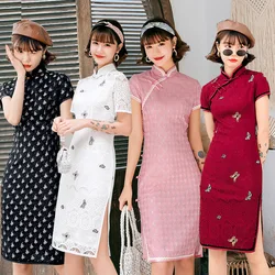 2023 Lace Cheongsam Slim Young Girl Fashion Student Catwalk Dresses Improved Mid-Length Cheongsam Dress Modern Qipao Dress