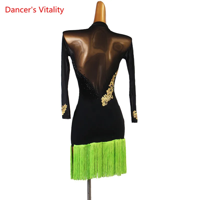 Latin Dance Dress Tassel Lace Skirt Mesh Long Sleeves Performance Clothes Profession Custom Adult Child Competition Clothing