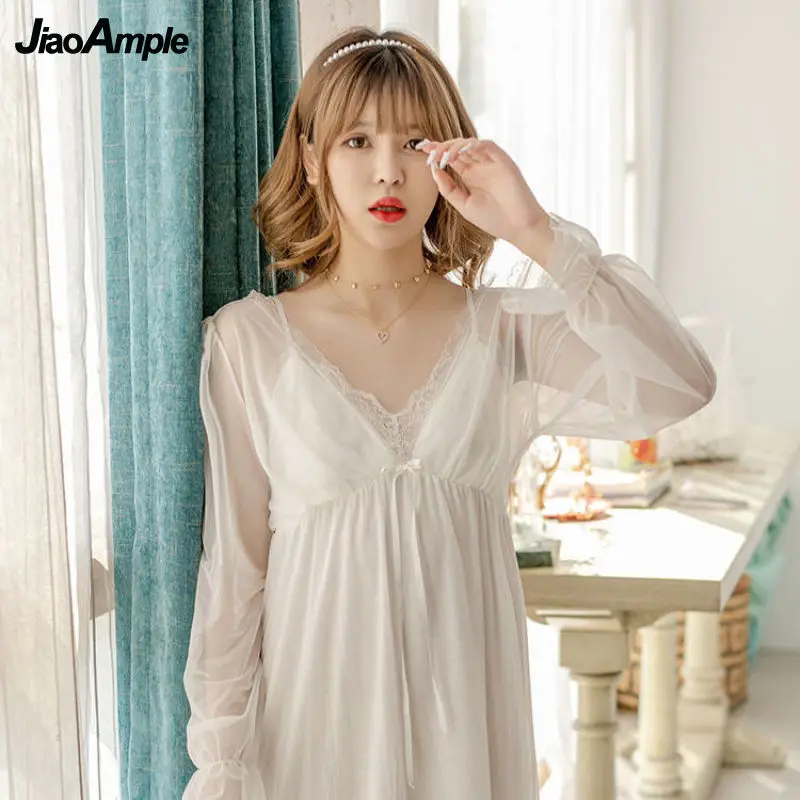 Pajamas Women Sexy Lace Nightdress Summer Long Can Drop Shoulders Two Wear See-Through Temptation Sleepwear Nightgown