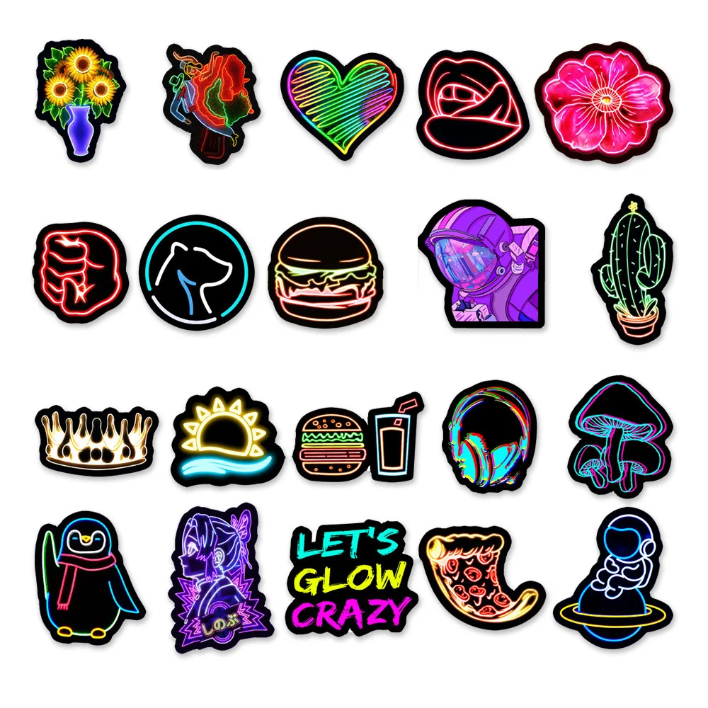 10/30/50pcs Cartoon Neon Light Stickers Cute Decals Graffiti DIY Motorcycle Phone Guitar Bike Laptop Guitar Car PVC Sticker Gift