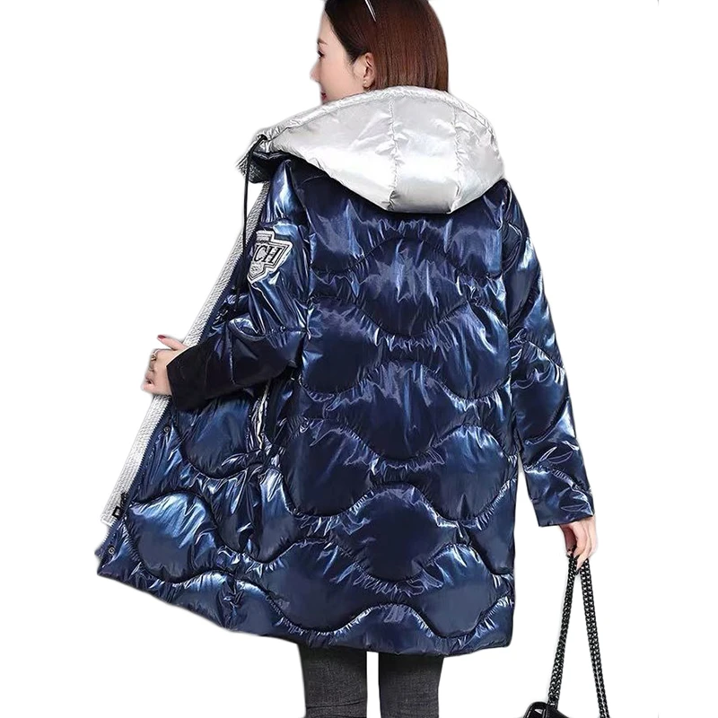 Parka à capuche en coton brillant pour femme, veste longue, pardessus décontracté, sans lavage, grande taille, optique chaude, hiver, nouveau, 2024