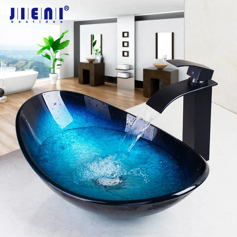 

JIENI Tempered Glass Hand Painted Waterfall Spout Basin Black Tap Bathroom Sink Washbasin Bath Brass Set Faucet Mixer Taps Blue