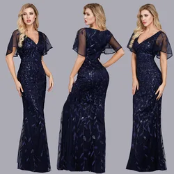 Women Cocktail Dresses Embroidered Sequin Dress Lotus Leaf Sleeve V-neck High Waist Banquet Fishtail Evening Dress Latin