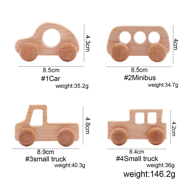 4pc Wooden Baby Car Toys Beech Wooden Blocks Animal Dogs Cartoon Educational Montessori Toys For Children Teething Baby Teether