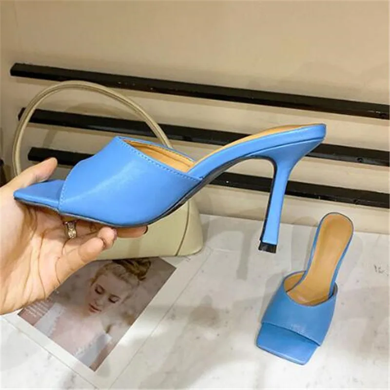 High Quality Soft Leather Casual Mules Thin High Heel Sandals Summer Women Square Toe Outdoor Slippers Dress Shoes