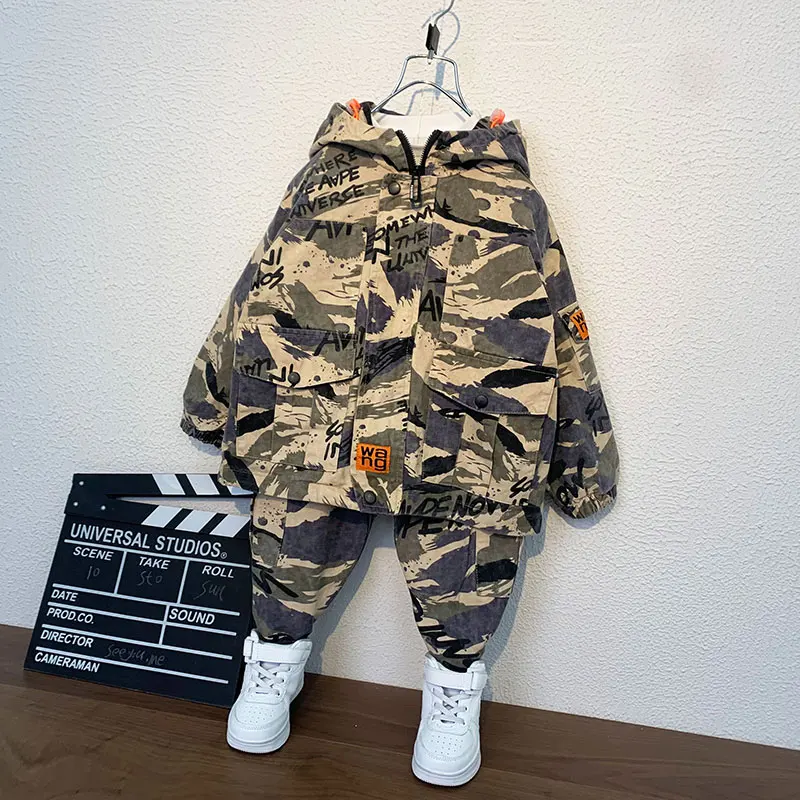 Children's Spring Korean Camouflage Two Piece  Little Kids Hooded Coat + Trousers Baby's Tracksuit Suit Military Clothes X509