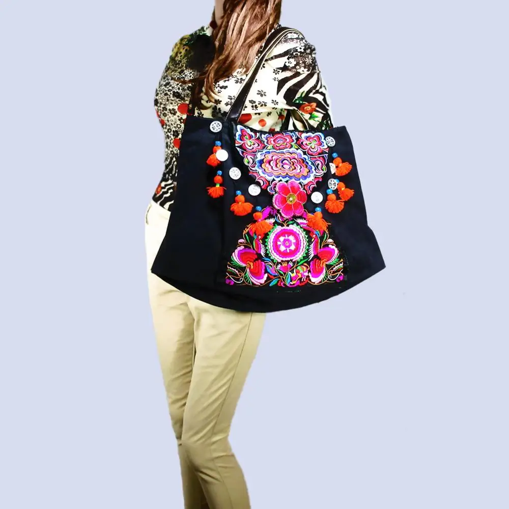 2-Usage Hmong Vintage Ethnic Tribal Thai Bohemian shoulder Messenger Tote Bag Handmade, Embroidery Pom Trim Bell SYS-568