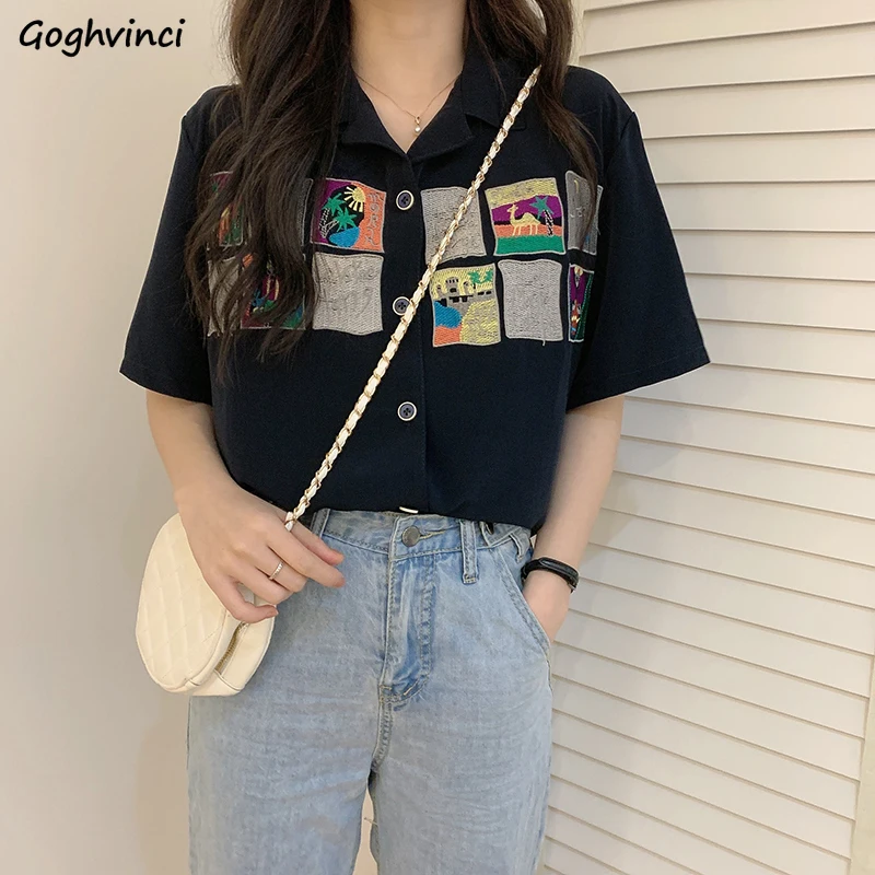 Blouses Shirts Women Summer Short Sleeve Leisure Printed Harajuku Loose Womens Tops All-match Teens Stylish Chic Vintage Black