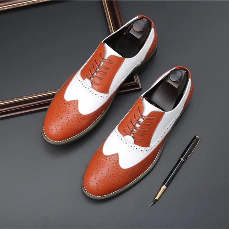 

Yomior New Pointed Toe Fashion Casual Men Shoes Mixed Colors Formal Dress Leather Loafers Business Vintage Wedding Brogue Shoes