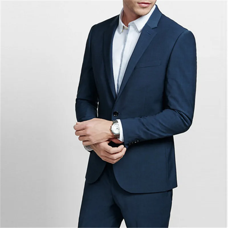 

Navy Blue Men Suits 2 Pieces Pieces(Jacket+Pants+Tie) Custom Made Casual Gentleman Groom Tuxedo Wedding Prom Slim Fit Blazer