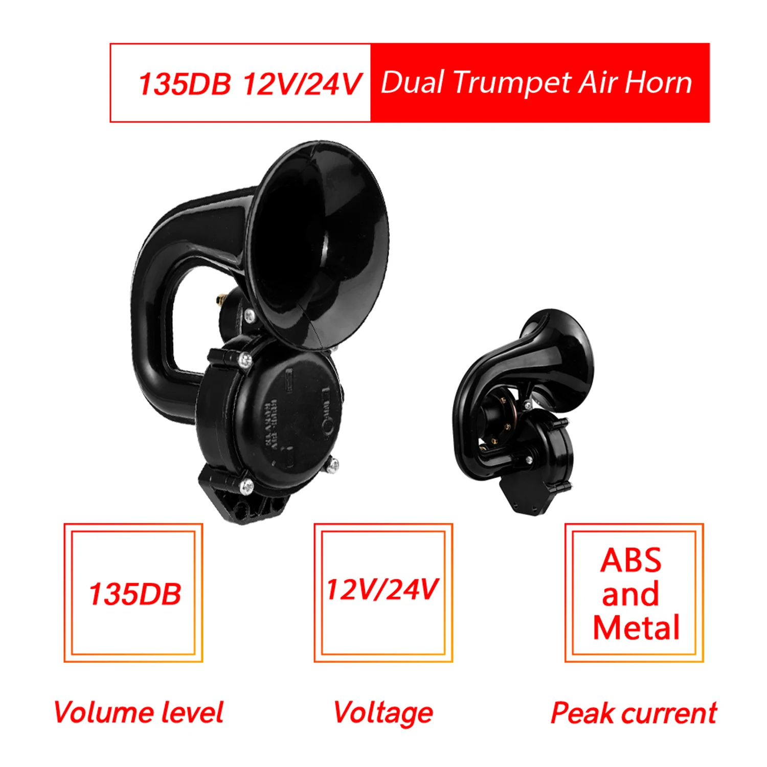 Truck 135db Loud Air Horn 12/24V SuperLoud Trumpet Air Horn with Electric Valve Flat for Auto Vehicle Trucks