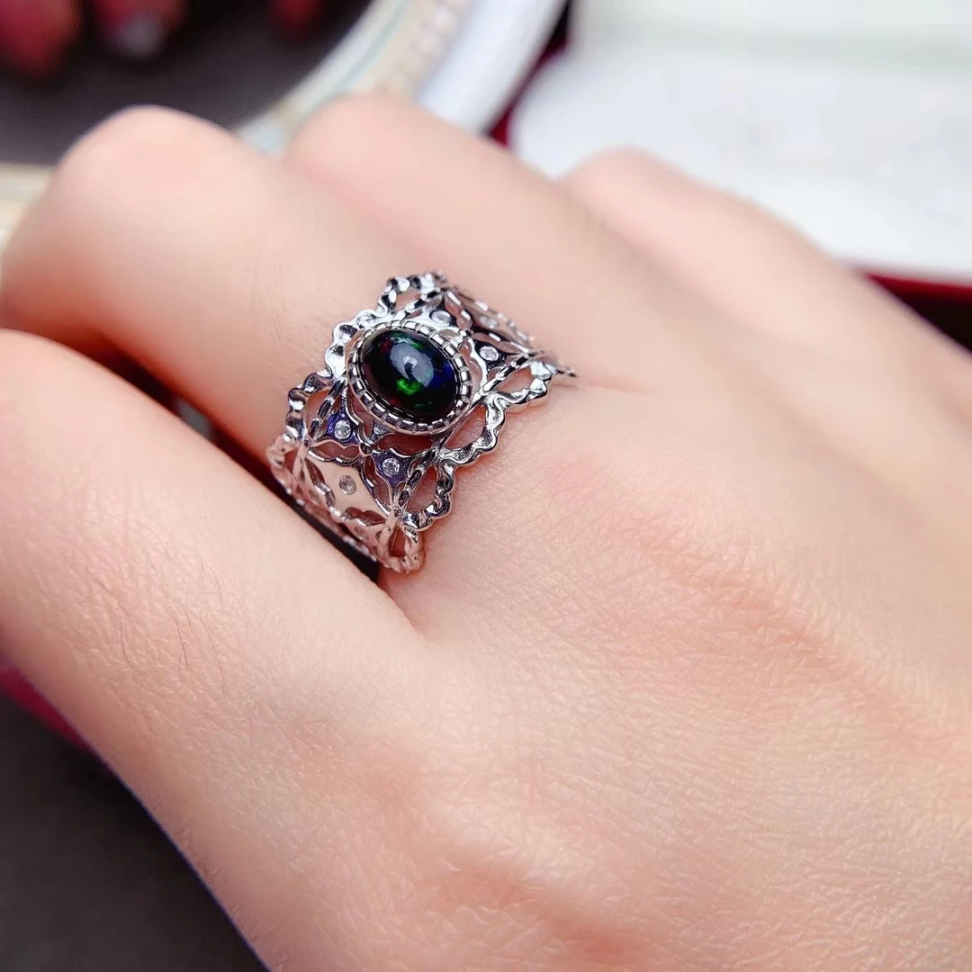 2021 New Natural Black Opal Ring Real 925 Sterling Silver Gold Plated Fine Jewelry Good Colorful Fire Secret Birthstone image 3