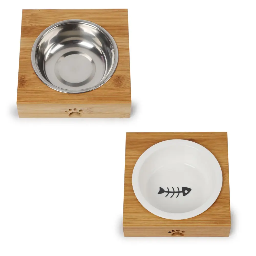 Pet Feeding Bowls Cat Dog Drinking Stainless Steel Ceramic Food Water Feeder Double Single Combination Bamboo Frame for Dogs Cat