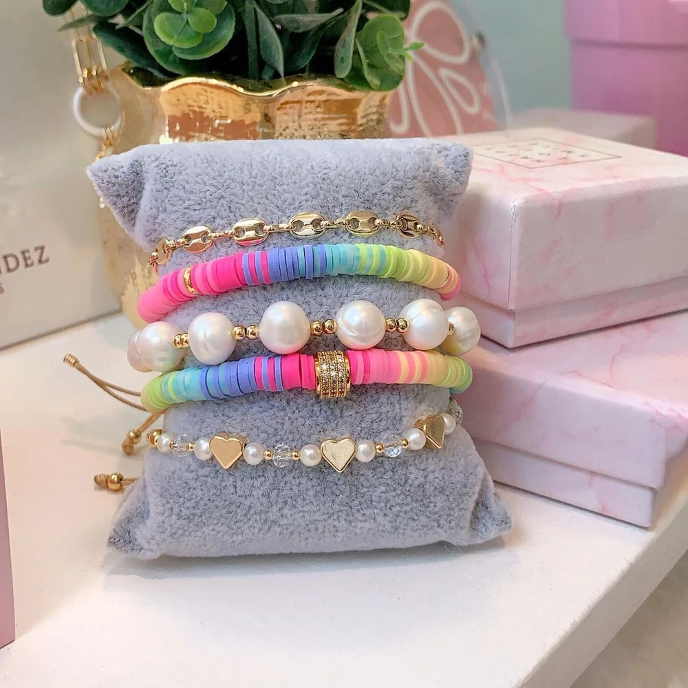 KKBEAD Boho Y2k Jewelry Freshwater Pearls Bracelet Polymer Clay Heishi Beads Bracelets Gold Plated Chain Pulseras Mujer Moda