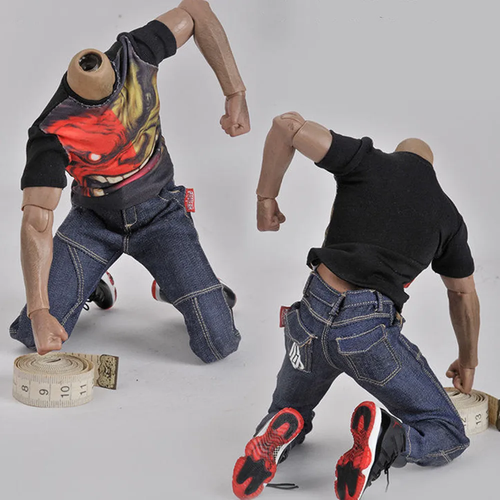 1/6 Męskie spodnie jeansowe Hip Hop Fashion Print Męskie klasyczne spodnie jeansowe z paskiem dla 12-calowej figurki akcji Muscular Body