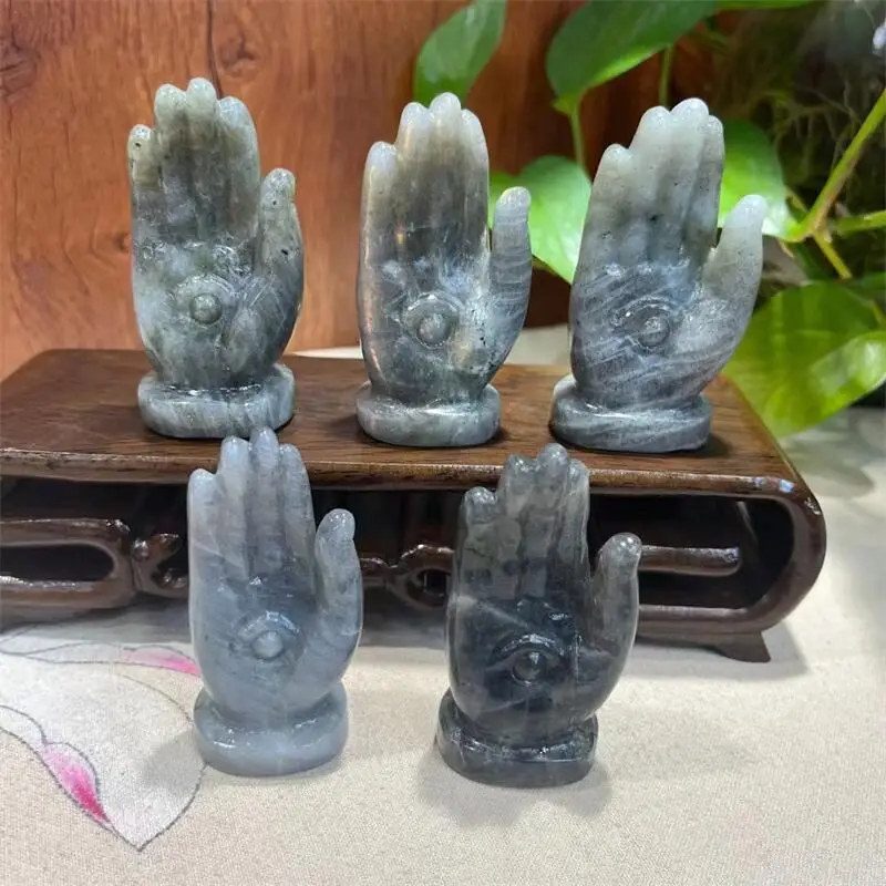 Natural Labradorite Carved Hamsa Hand With Evil Eye Figurine Ornament Healing Wicca Crystal For Gifts