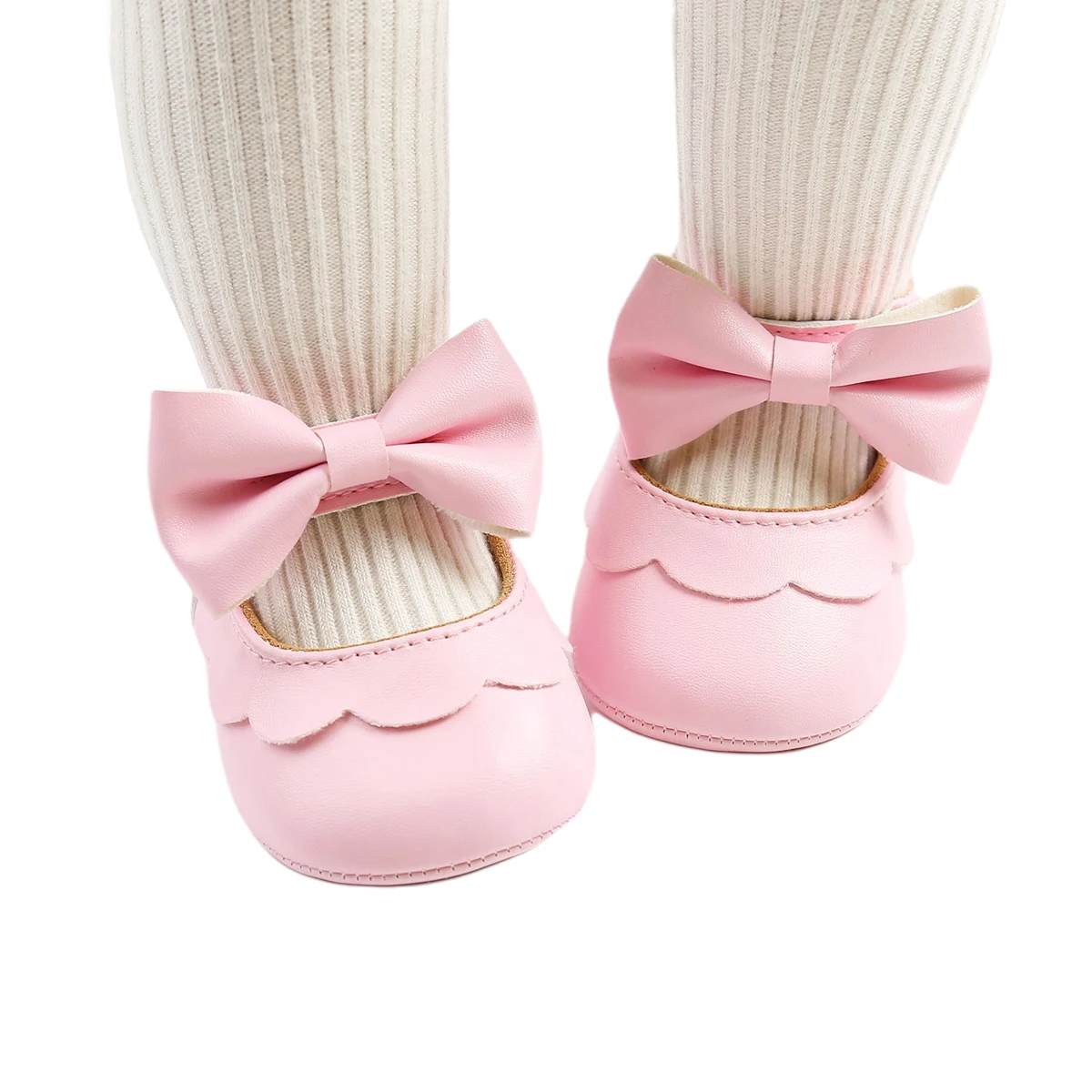 Cute Newborn Baby Girls Princess Shoes with Bowknot Toddler Anti-Slip Rubber Sole First Walkers Kids PU Leather Solid Shoes