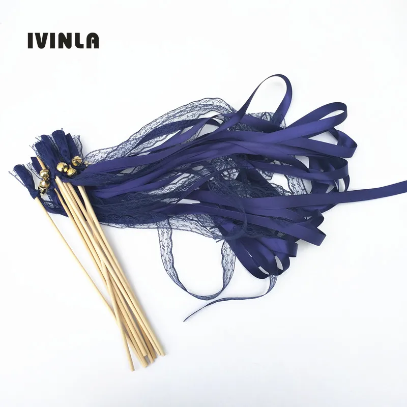 50pcs/lot  navy Lace wedding ribbon wands  with gold bell for wedding decoration