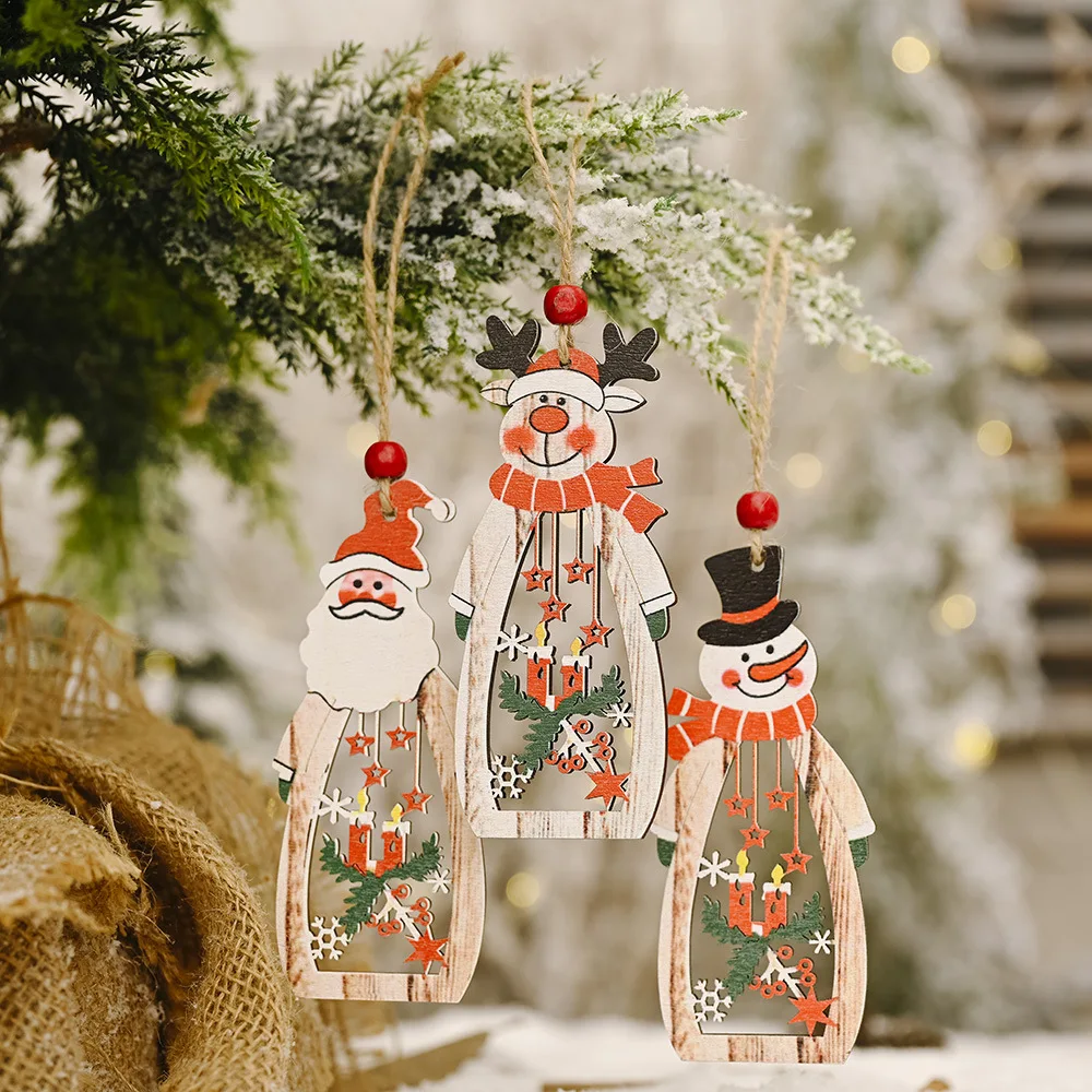 Wooden Hollow Out Pendant Creativity Santa Claus Deer Wood Christmas Tree Ornaments for Home Decor Party Decorations Kids Gift