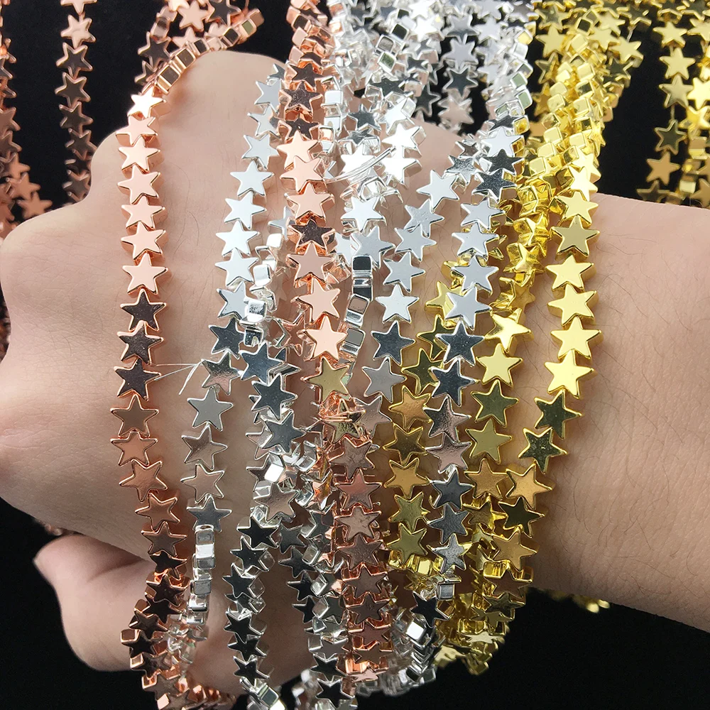 BTFBES Pentagram Star Shaped Hematite Natural Stone Gold Color Plated Loose Spacer Beads For Jewelry Making DIY Bracelet 4/6/8mm