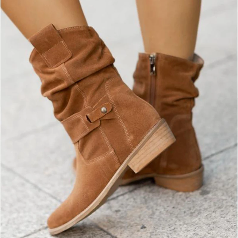 2021 Winter Warm Suede Women Boots Vintage Zipper Shoes Buckle Lady Mid-Calf Boot Outdoor Thick Low Heel Female Pointed Booties