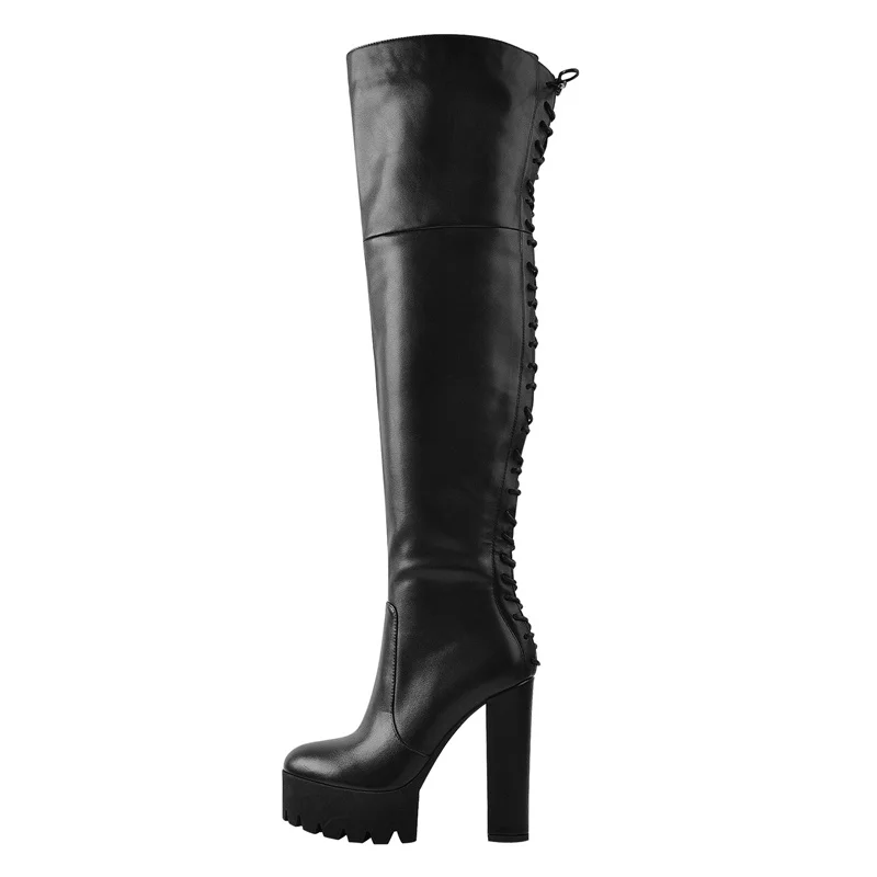 Onlymaker Women Platform Chunky High Heel Boots Sexy Lace-Up Side Zipper Stretch Over the Knee Boots Big Size Fashion Shoes