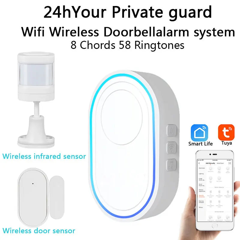 Tuya Wifi Smart Home Security Alarm System 433MHz Frequency EV1527 Encoding Wireless Doorbell Level 5 volume 58 Ringtones Kit