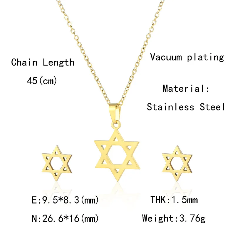 Star of David Pendant Necklace Earrings Set Female Gold Color Stainless Steel Cute Small Fashion Jewelry Sets for Women Girls