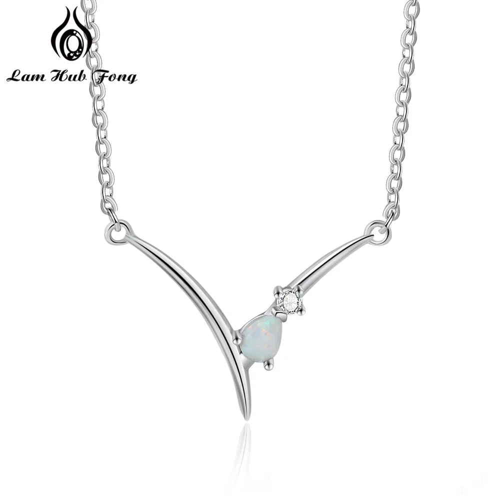 V Letter Pendant Necklaces Silver Color Opal Necklaces with Zircon Fashion Women Party Jewelry Friendship Gifts (Lam Hub Fong)