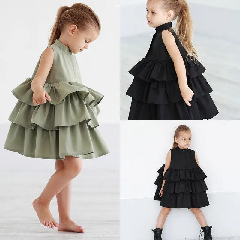 Summer Cute Black Green Ball Gown Girls Dresses Kid Girl Party Dress Sleeveless O Neck Cake Ruffled Tutu Bubble Dress 2-6 Years