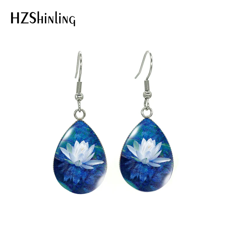 Waterlily Paintings Tear Drop Hook Earrings French Stainless Steel Nymphaea Flower Patterns Glass Cabochon Ear Jewelry