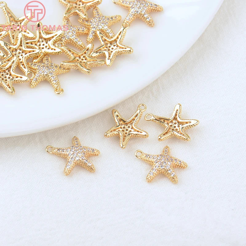 (1424) 4PCS 14x13MM 24K Gold Color Brass and Zircon Starfish Charms Pendants High Quality Diy Jewelry Findings Accessorie