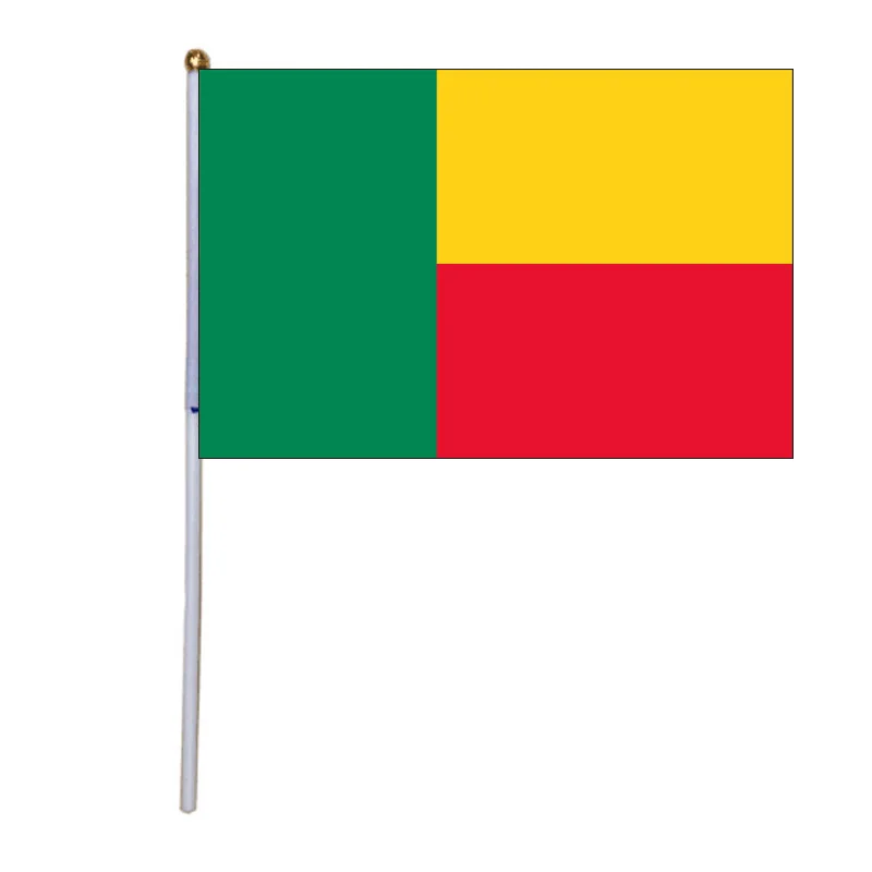 

free shipping xvggdg 100pcs 14 * 21cm National Flag Benin hand flags with plastic flagpole Polyester Printing flag