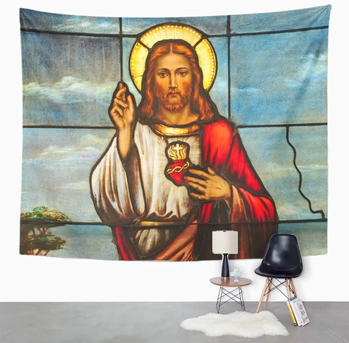 Tapestry Christ Stained Glass Window Depicting Sacred Heart of Jesus Tapestries Wall Hanging for Living Room Bedroom Dorm