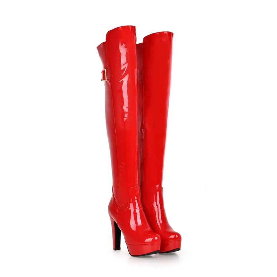 Botas femininas sensuais acima dos joelhos, plataforma da moda, salto alto da coxa, couro de patente, sapatos altos de inverno para mulheres, vermelho