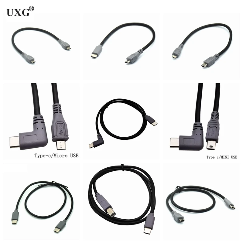 90 Degree Right Angled USB 3.1 Type C Male to Micro/Mini USB 5 Pin B Male Plug OTG Adapter Cable for Mobile VR Mac Data Transfer