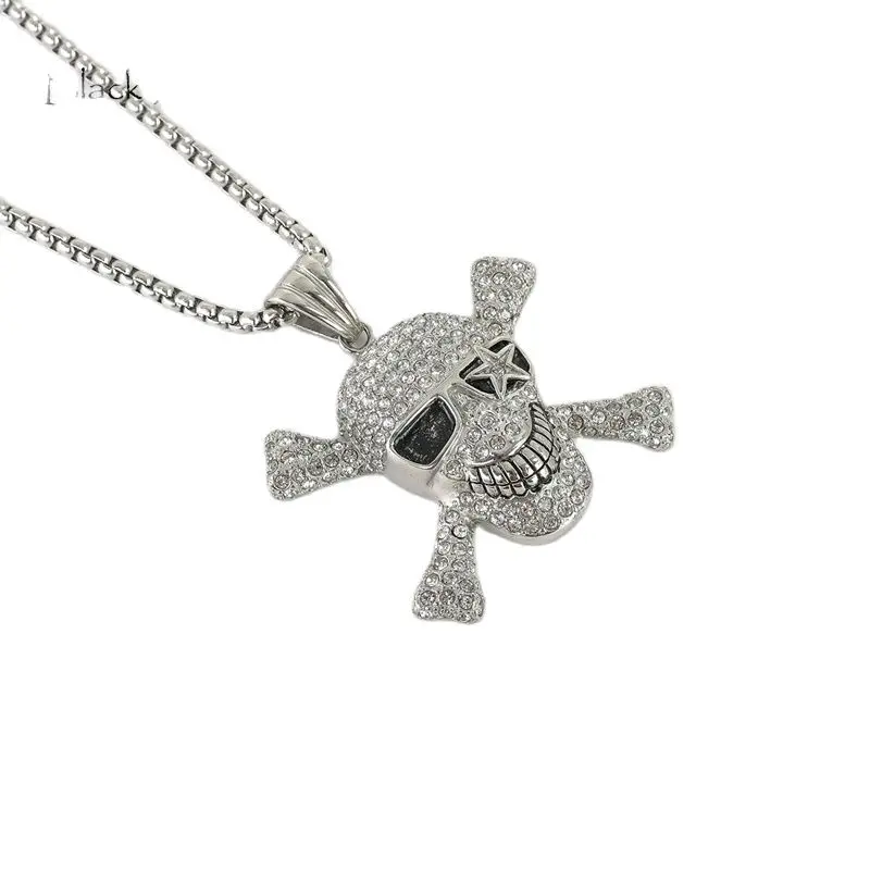 Black Knight Bling Bling Hip hop Rock Skull pendant necklace stainless steel full rhinestone Punk Danger skull necklace BLKN0261