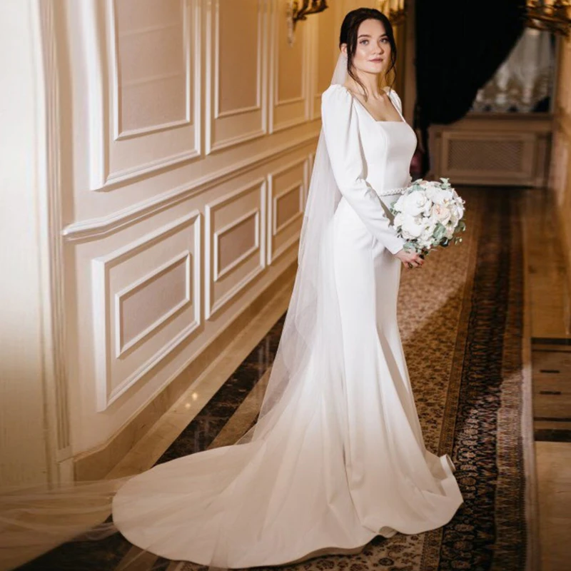

Женское свадебное платье с юбкой-годе, элегантное простое платье невесты с длинным рукавом, квадратным вырезом, открытой спиной и жемчужными пуговицами, платье для невесты