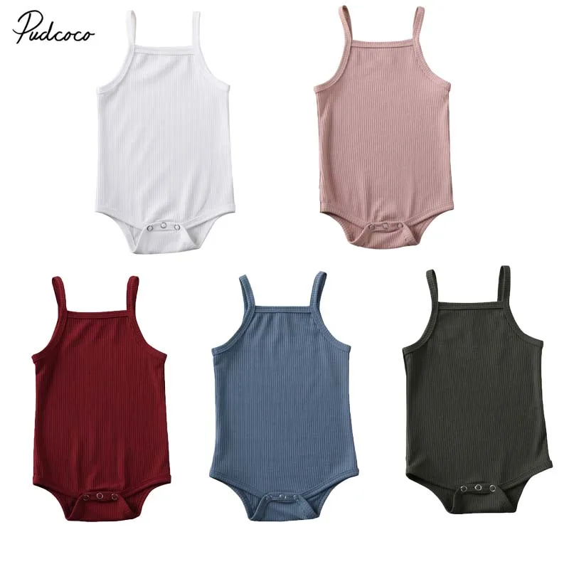 2020 Baby Summer Clothing Newborn Baby Boy Girl Sling Bodysuit Jumpsuit Sleeveless Outfit Ribbed Solid Clothes Set