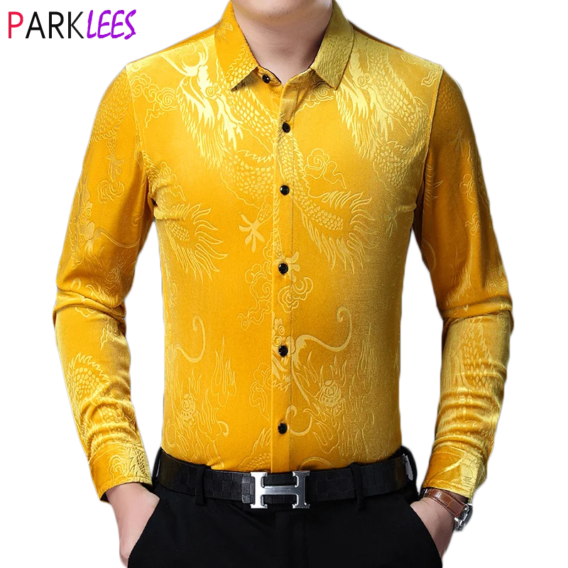 

Yellow Chinese Dragon Jacquard Velvet Shirt Men Brand Slim Fit Long Sleeve Velour Dress Shirts Mens Casual Button Down Chemise