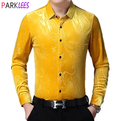 Yellow Chinese Dragon Jacquard Velvet Shirt Men Brand Slim Fit Long Sleeve Velour Dress Shirts Mens Casual Button Down Chemise