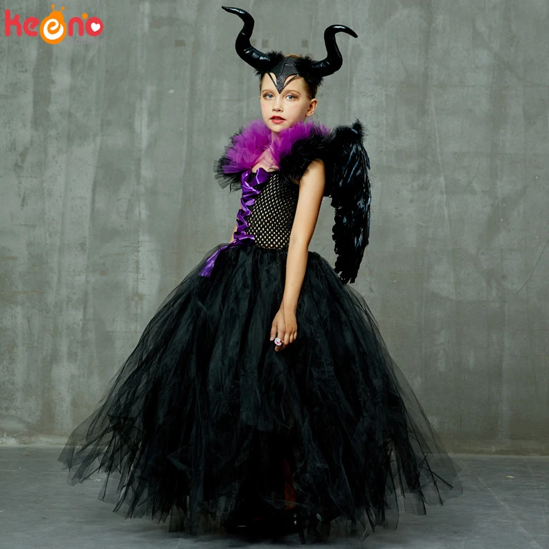 Evil Queen Black Gown Tutu Dress with Deluxe Horns and Wings Girls Villain Fancy Dress Kids Halloween Cosplay Witch Costume