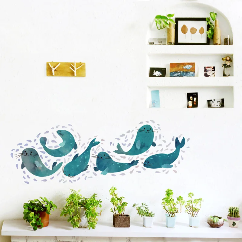 Cute Sea Lion Combination Wall Sticker Living Room Bedroom Bathroom Bathtub Decoration Mural Art Decals Bathroom Glass Wallpaper