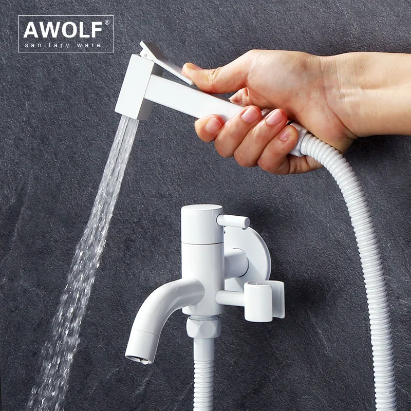 Awolf White Solid Brass Bidet Faucet Handheld Toilet Bidet Sprayer Set Square Design Shattaf Douche Kit Toilet Washer AP2301