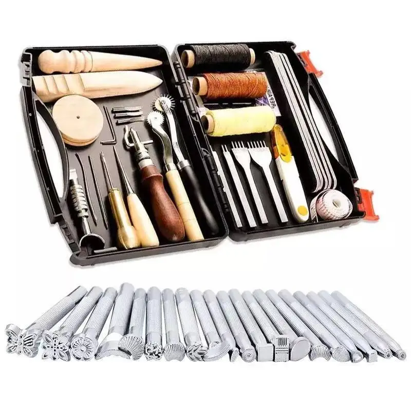 

Professional Leather Craft Tool Kit, Hand Sewing Tools Leather Saddle Carving Materials with Leather Tool Box