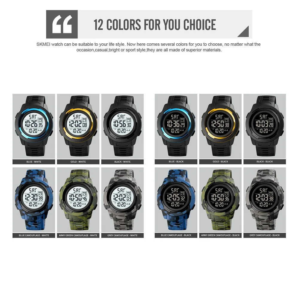 2021 New SKMEI Casual Digital Men Sport Watch 5Bar Waterproof Stopwatch LED Electronic Male Clock Relogio Masculino