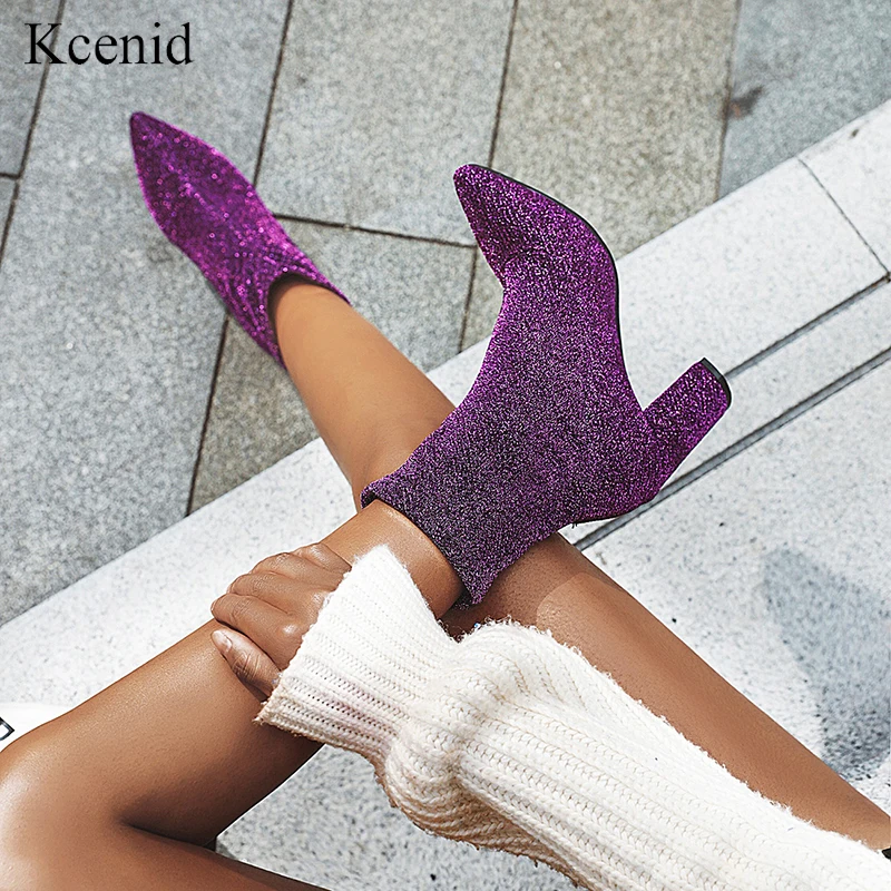 

Kcenid New Bling Fashion Shoes Women Pointed Toe Snkle Sock Boots High Heels Shoes Autumn Winter Female Stretch Boots Purple