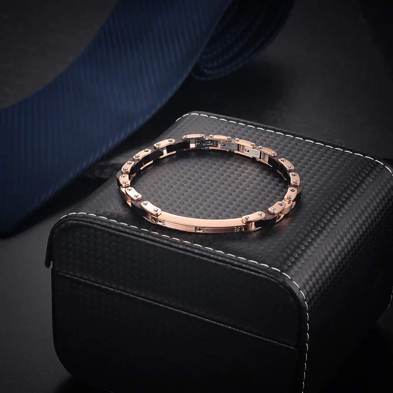 

Moocare High Quality Rose Gold Stainless Steel and Wood Inlaid With Black Zircon Slim Bracelet