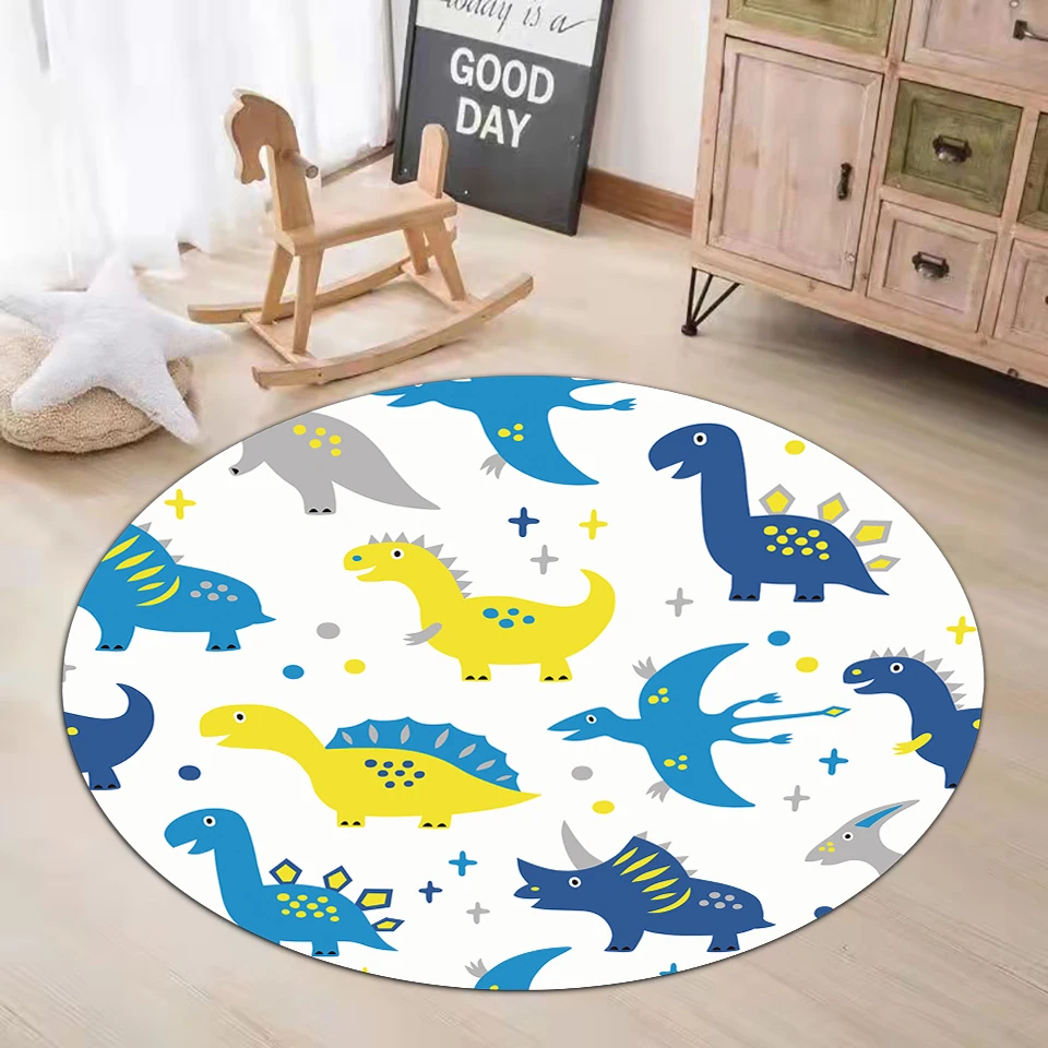 Cartoon Dinosaur Rug Soft Flannel Foam Round Carpet For Children Bedroom Lounge Living Room Kawaii Anti-Slip Floor Mat Washable