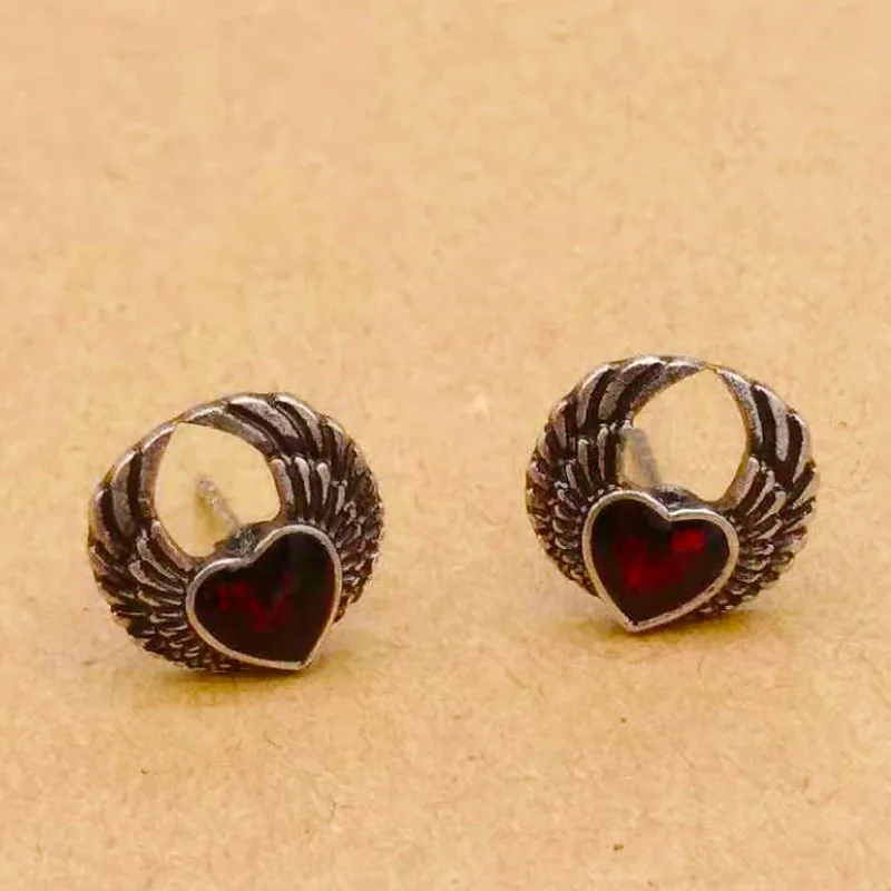 Fashion Parts Ancient  Punk Dark Gothic Wind Wings Red Blood Heart-Shaped Drop Oil Ear Stud Earrings